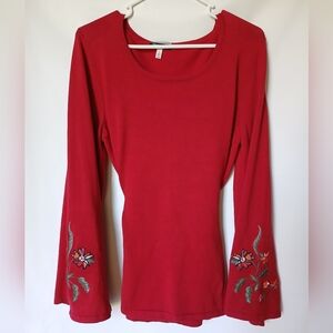 Allison Brittney Womens Top Size L Red Tieback Flare Floral Embroidered Sleeves